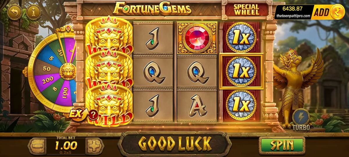 Fortune Gems slot game in Teen Patti Pro with wild symbols and special wheel