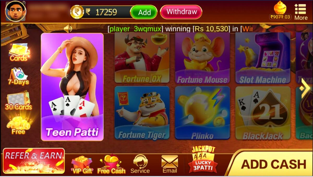 Teen Patti Pro slots and table games: Fortune Ox, Fortune Mouse, Fortune Tiger, Plinko and Blackjack
