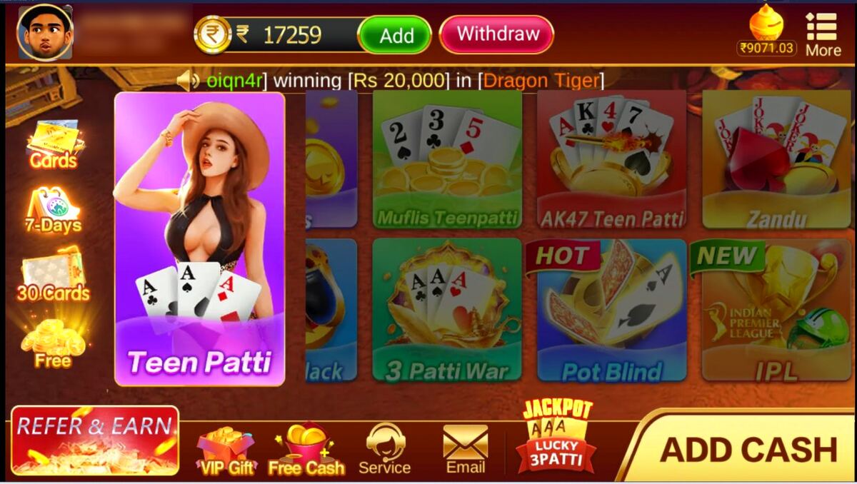 Teen Patti Pro lobby with Muflis, AK47, Zandu, 3 Patti War, Pot Blind and IPL games